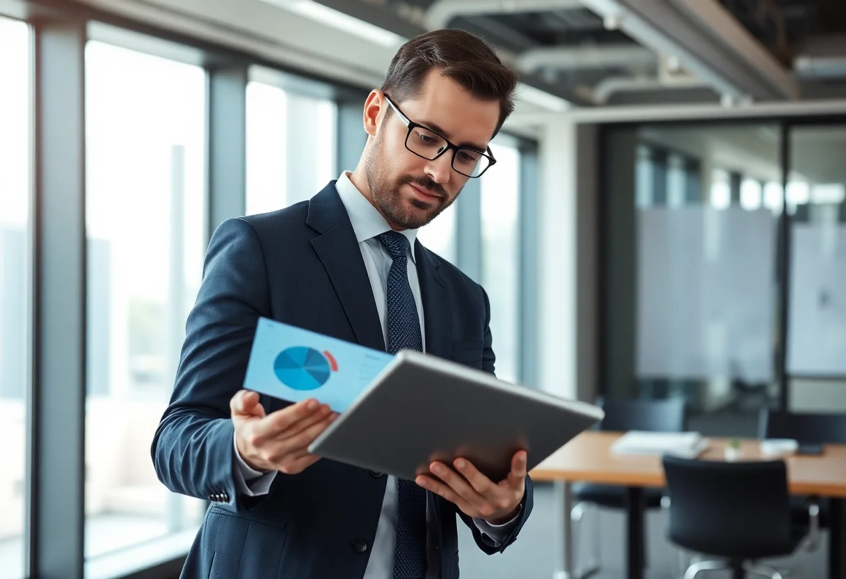 A business professional analyzing data on a tablet in a modern office setting.