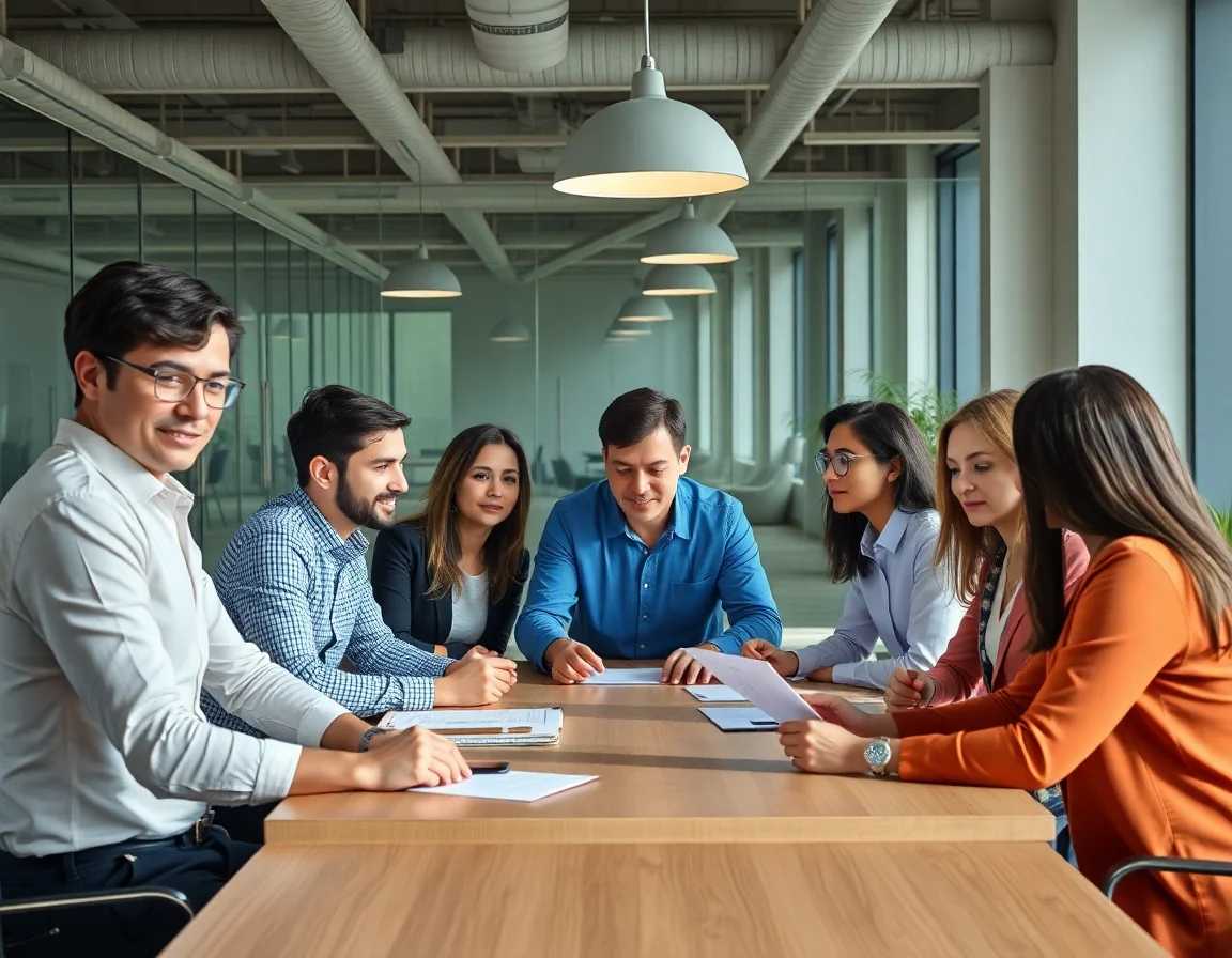 A diverse team of professionals collaborating around a table in a modern office.