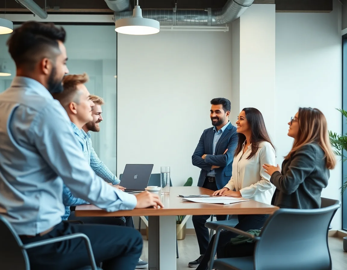A diverse team of professionals collaborating in a modern office meeting room.