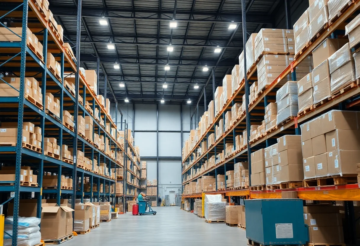 A modern warehouse with organized shelves and logistics operations in progress