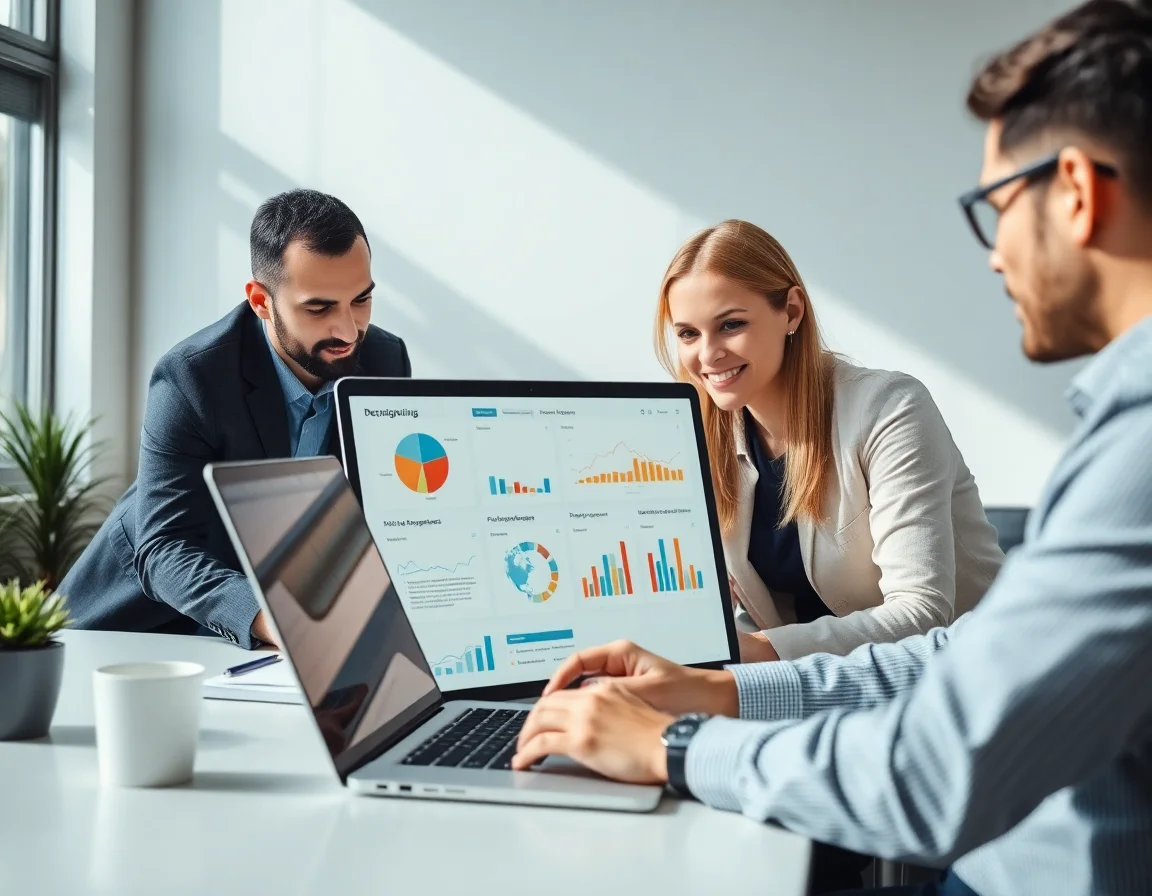 A team collaborating on a business dashboard on a laptop