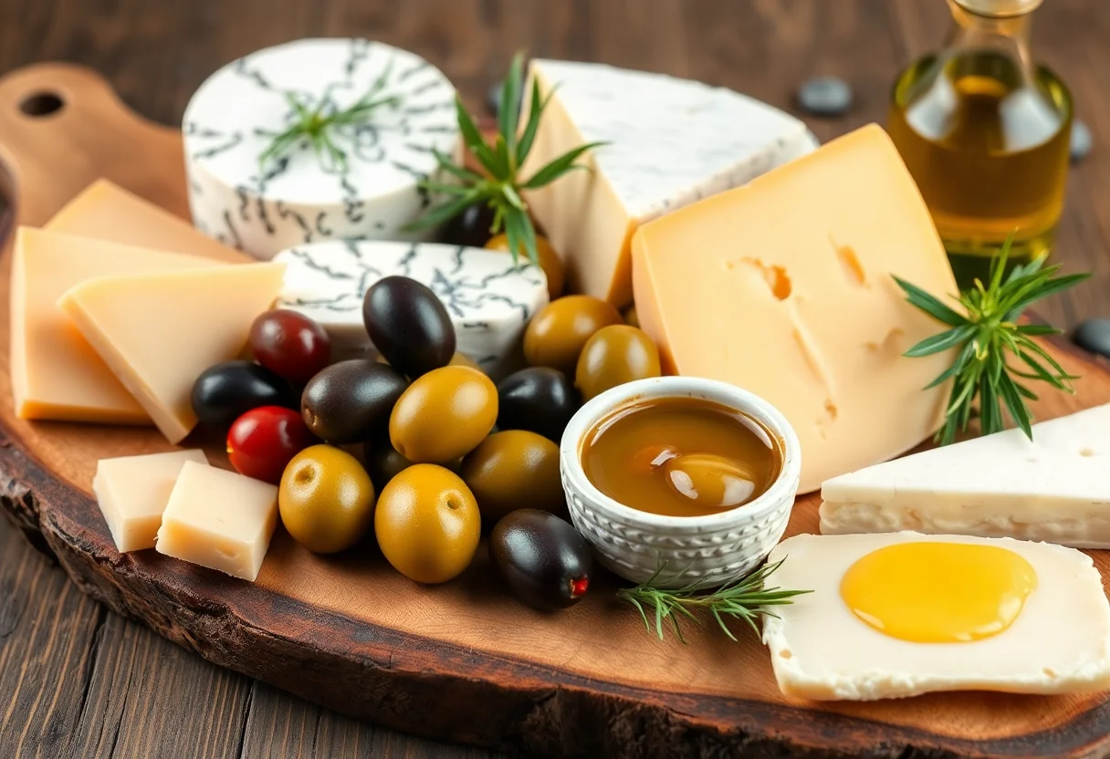 Assortment of gourmet cheeses, olives, and olive oil on a rustic wooden board