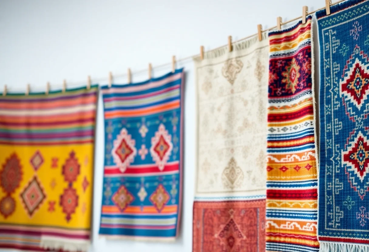 Colorful hand-woven traditional Turkish carpets hanging on a wall