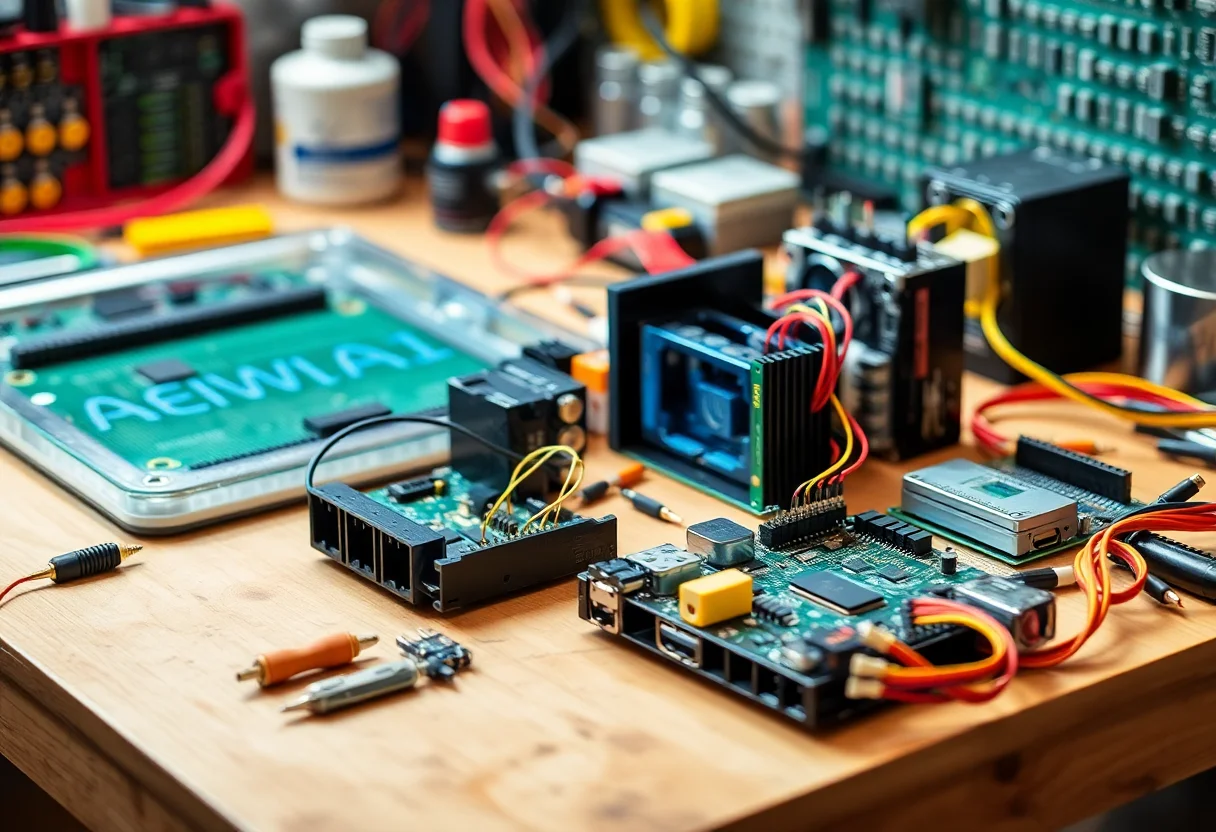 High-tech electronic components and hobby kits on a workbench