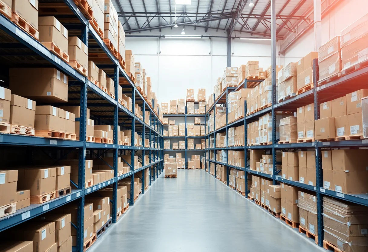 Modern logistics warehouse with neatly stacked boxes on shelves
