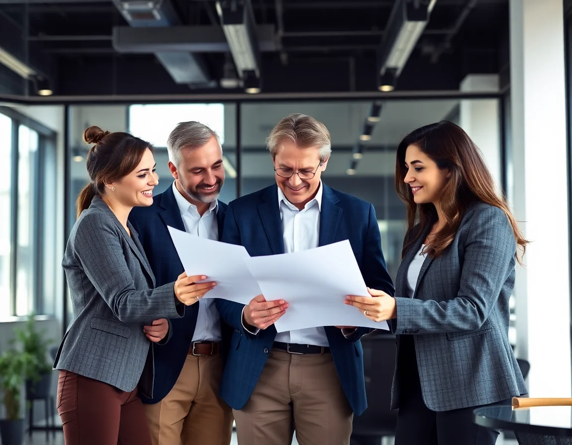 Team reviewing documents in a modern office setting