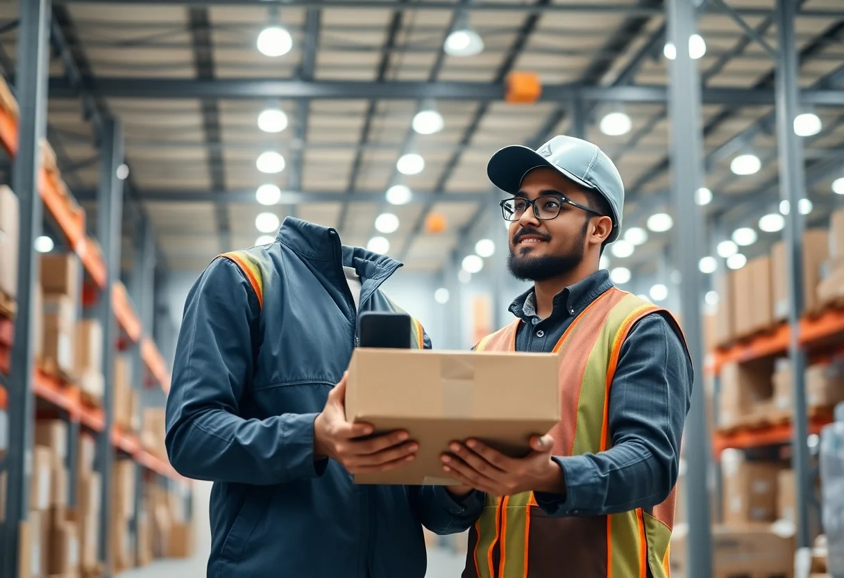Warehouse worker scanning a package in a modern, well-lit logistics center.
